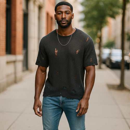 Men's Distressed Round Neck Knit Top